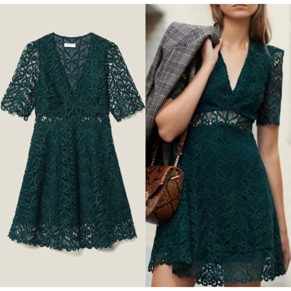 Sandro Hearty Lace Fit & Flare Cocktail Dress Women's Size 34 Green